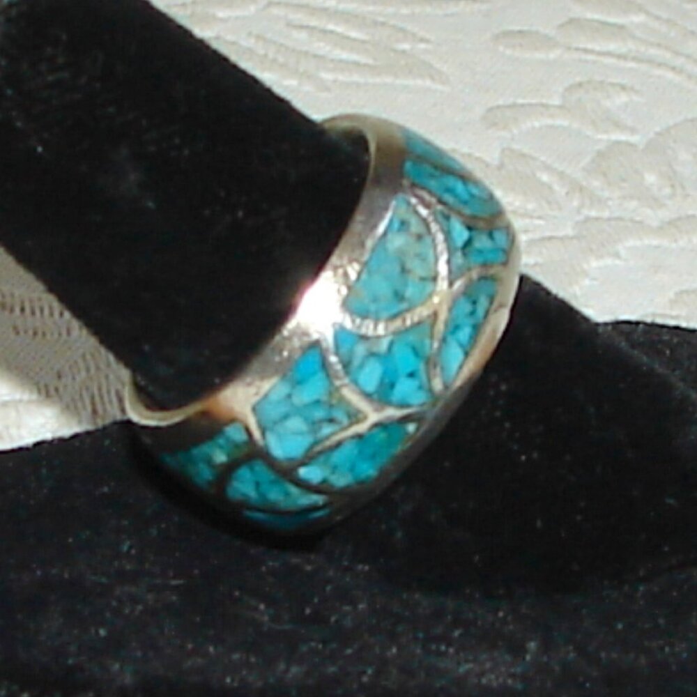 Vtg Navajo Web-Like Turquoise Chip Sterling Silver Band RING, Sz 6.75, D87